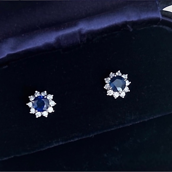 Blue Sapphire & Diamond Earrings | Platinum Set | Appraisal Included | $6,500 - Picture 3 of 7